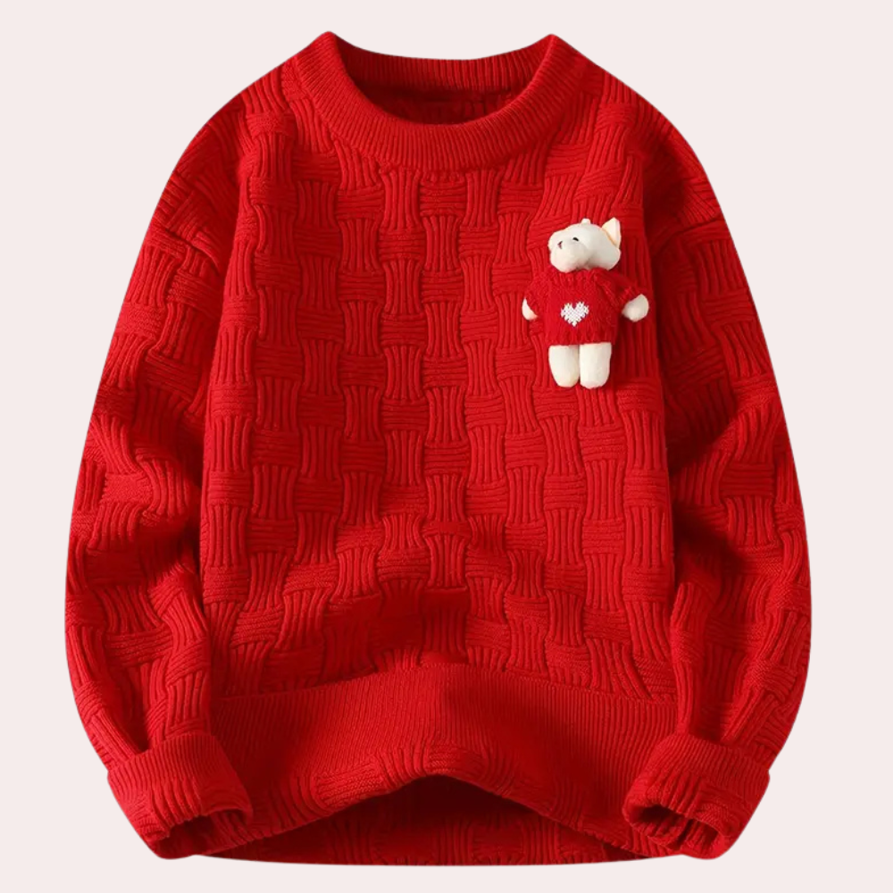 Roter Strickpullover mit Bärenapplikation, Damenmode, Winterkleidung, gemütlich, modisch.