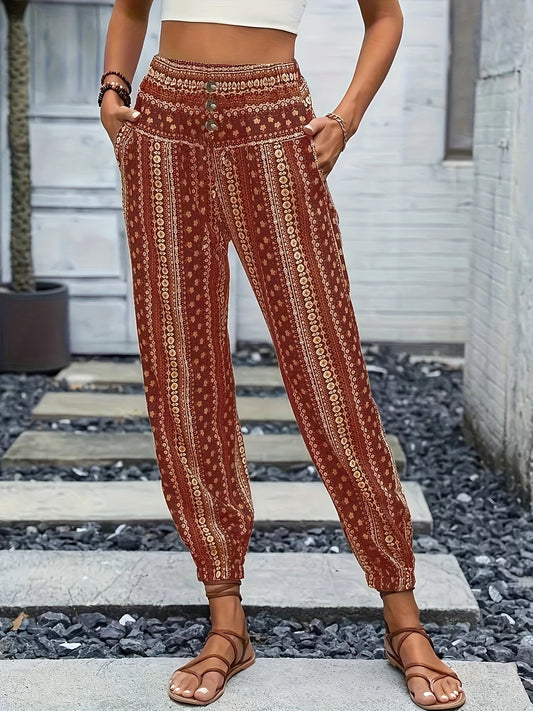 Boho Högmidjade Dambyxor med tryck och smockad midja – Linara