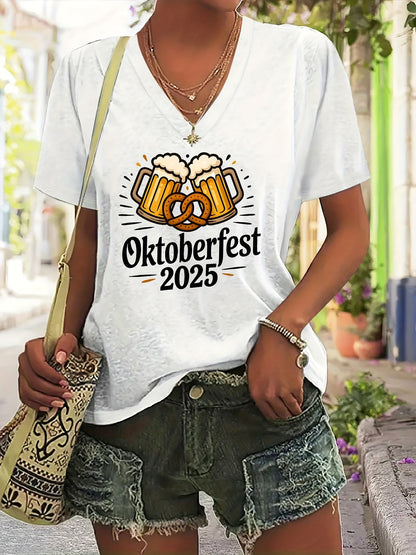 Damernas Plus Size V-ringad T-shirt med grafiktryck – Anneliese Oktoberfest 2026