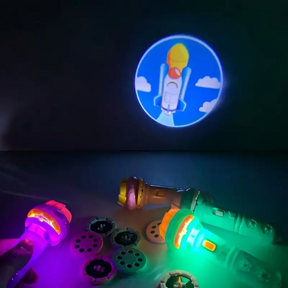 Bunte Kinder-Taschenlampe mit Projektor, Raketenmotiv, Nachtlicht, Spielzeug, LED-Licht.