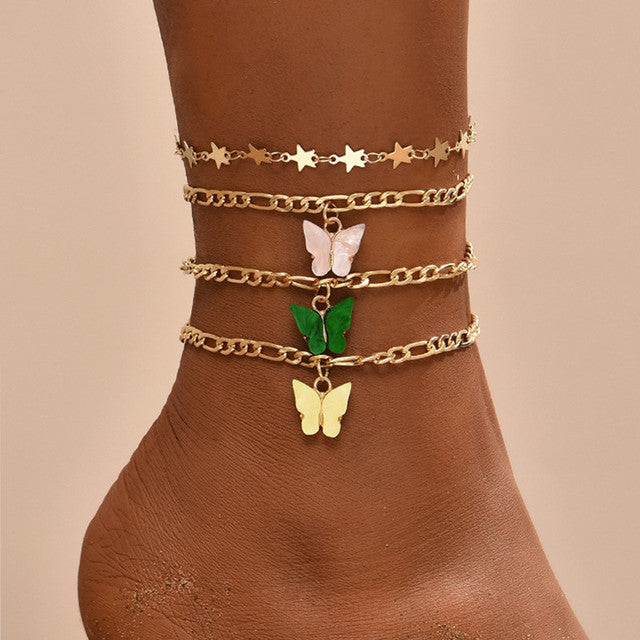 Goldene Schmetterling Fußkettchen Set, mehrlagig, Damen Schmuck, modisch, elegant.