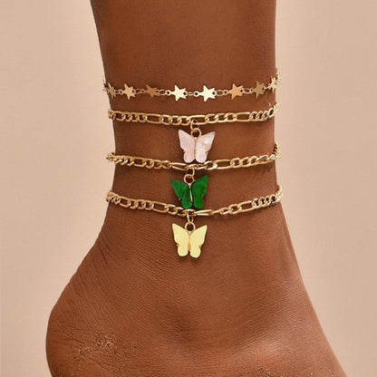 Goldene Schmetterling Fußkettchen Set, mehrlagig, Damen Schmuck, modisch, elegant.