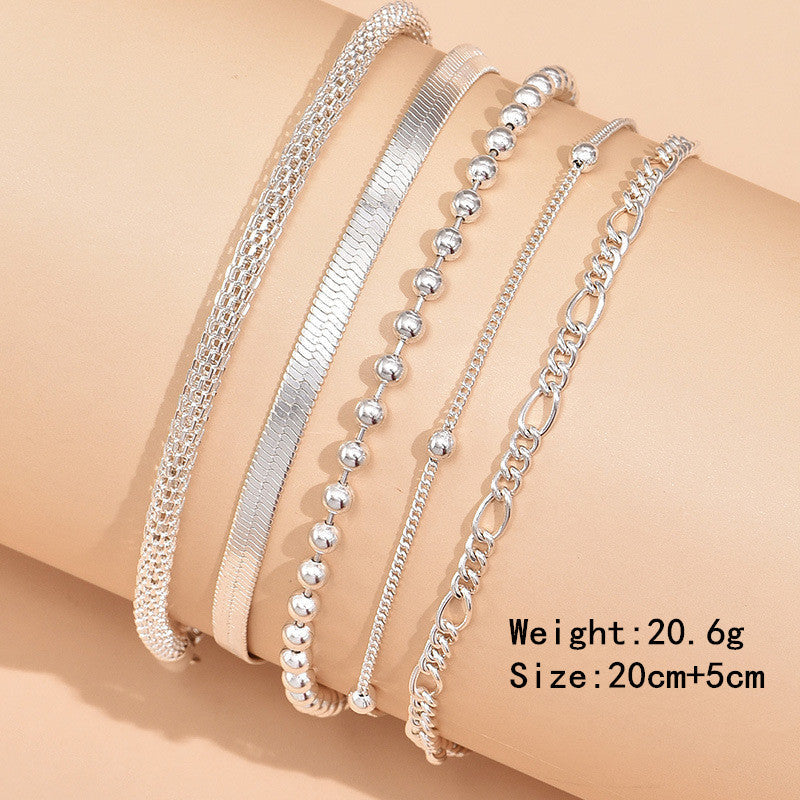 5-teiliges silbernes Fußkettchen-Set, Schlangen- und Perlenketten, Damen-Schmuck, 20cm+5cm.