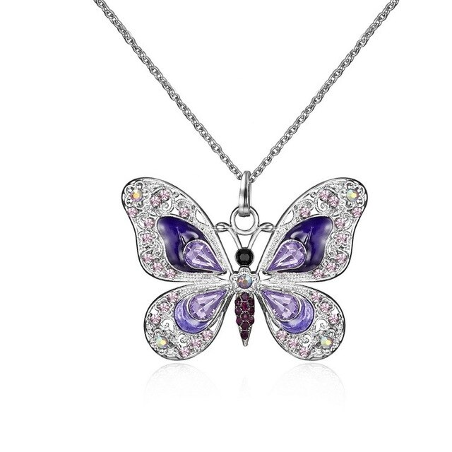 Silberne Schmetterling-Halskette mit lila Kristallen, Damen Schmuck, Party Geschenk.