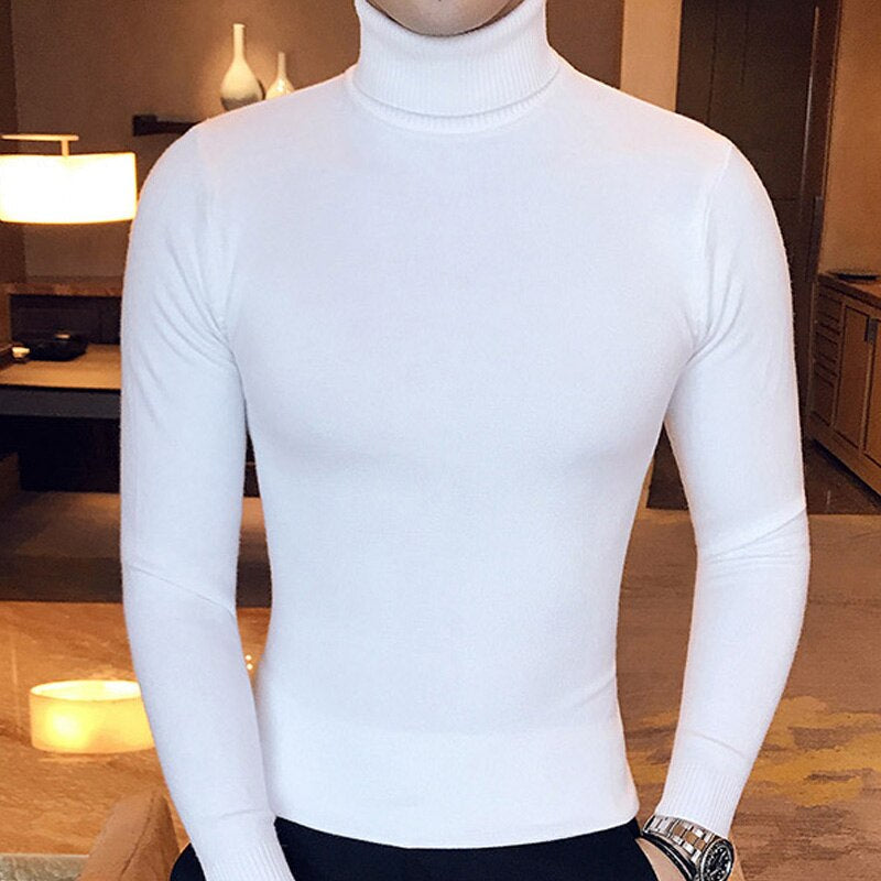 Weißer Rollkragenpullover Herren, langärmelig, Baumwolle, modisch, elegant, bequem.