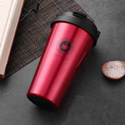 Roter isolierter Reisebecher 500ml, doppelwandig, auslaufsicher, Edelstahl, Thermoskanne.