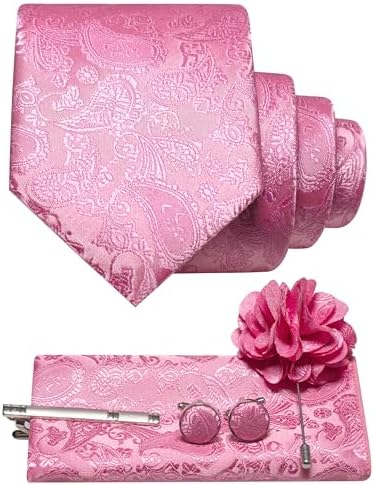 Rosa paisleyslips med matchande bröstnäsduk, manschettknappar, slipsklämma och blomformad kavajnål. 26