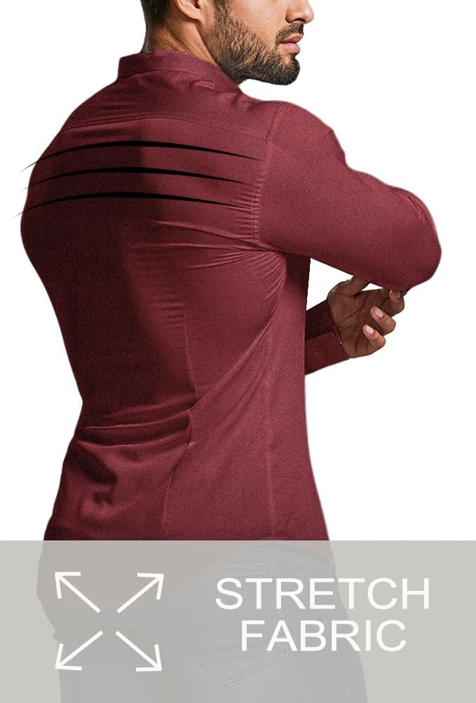 Mann in bordeauxfarbenem Stretchhemd, Langarm, modisch, bequem, für Herrenmode.