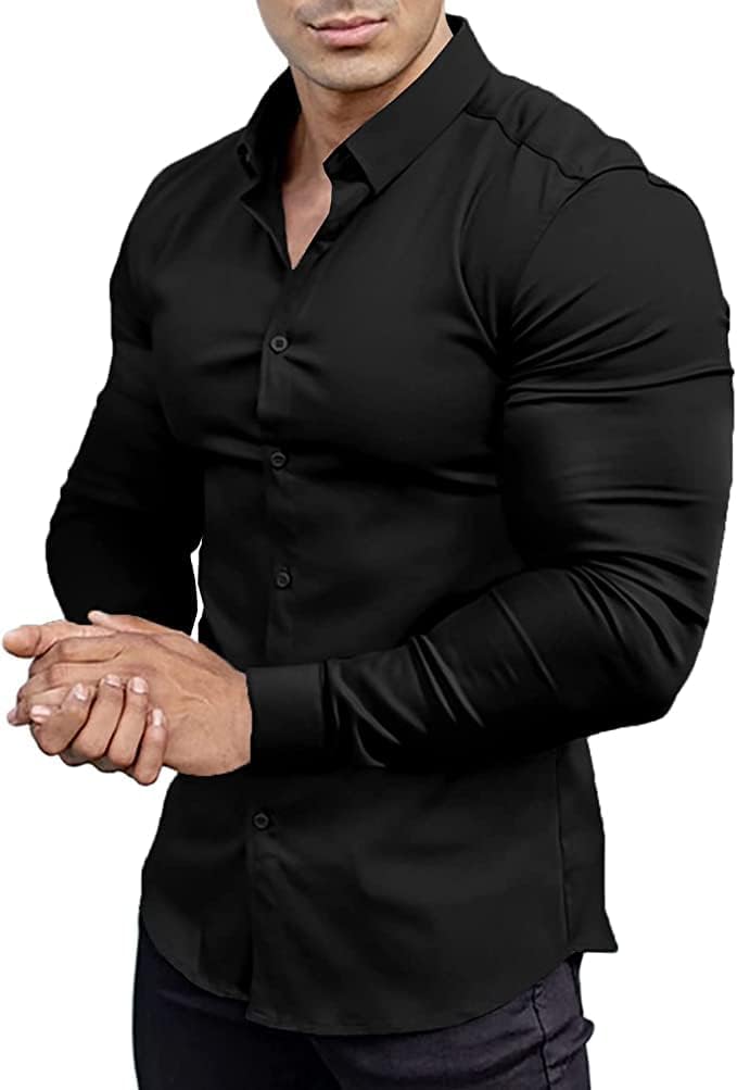 Schwarzes Herrenhemd, langärmelig, Slim Fit, Baumwolle, elegant, Freizeitmode.