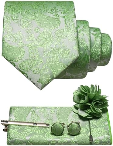 Ljusgrönt paisleyslips med matchande bröstnäsduk, manschettknappar, slipsklämma och blomformad kavajnål. 22