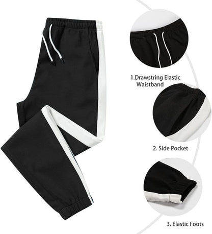 Schwarze Jogginghose mit weißem Streifen, elastischem Bund, Seitentasche, Sportbekleidung.