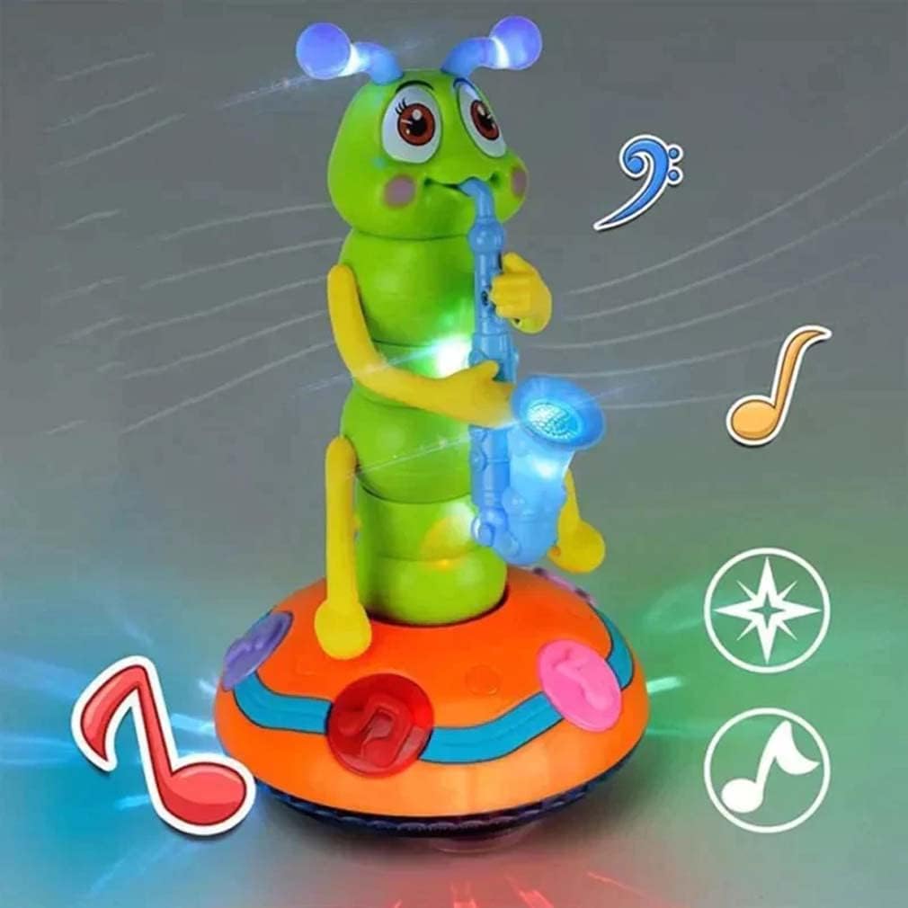 Buntes Spielzeug-Insekt mit Saxophon, leuchtend, musikalisch, für Kinder, auf orangefarbenem Sockel.