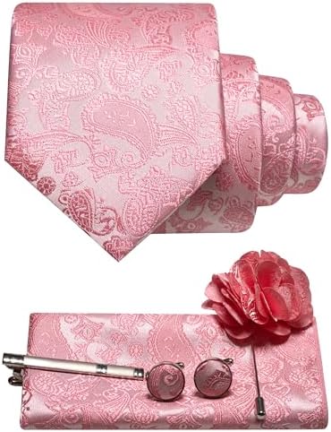 Korallrosa paisleyslips med matchande bröstnäsduk, manschettknappar, slipsklämma och blomformad kavajnål. 29