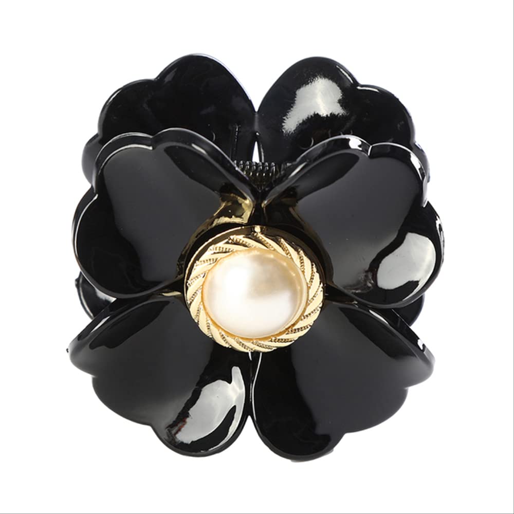Schwarze Haarspange Blume mit Perle, elegantes Accessoire, Kunststoff, Damenmode.