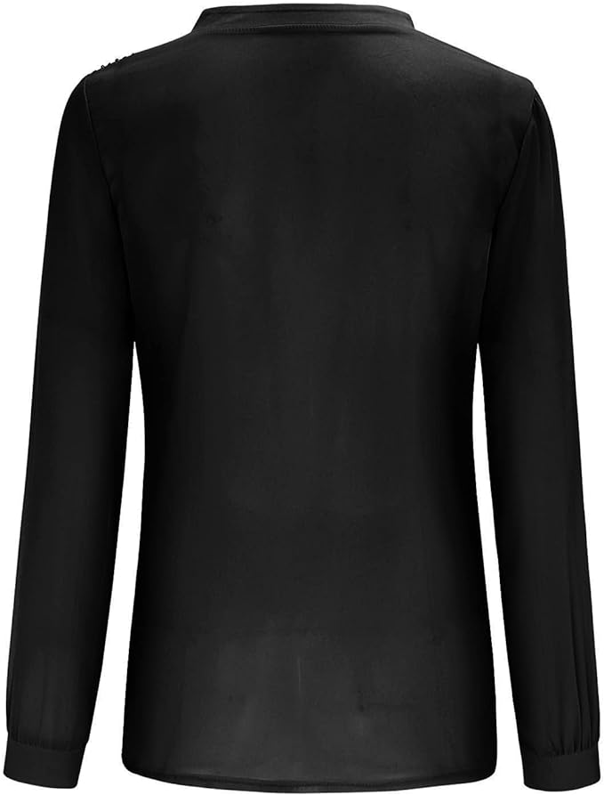 Schwarze Damenbluse, langärmlig, aus leichtem Stoff, elegant und vielseitig für Büro oder Freizeit.