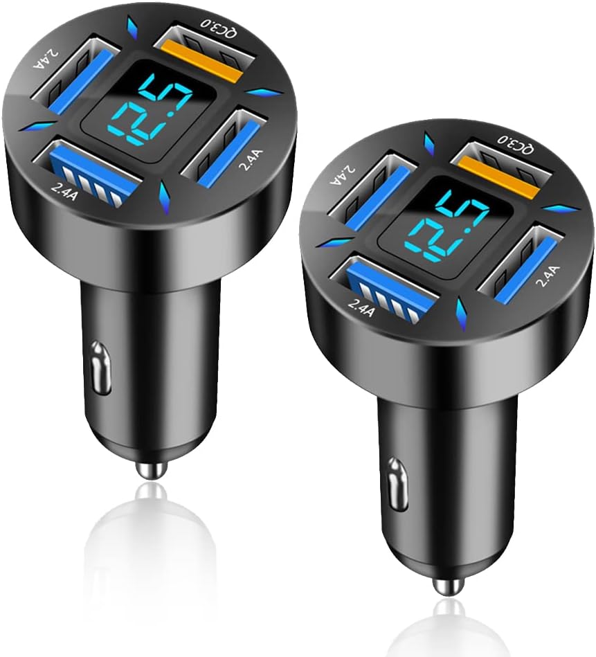 Zwei schwarze USB-Autoladegeräte mit LED-Display, vier Anschlüssen, Schnellladefunktion.
