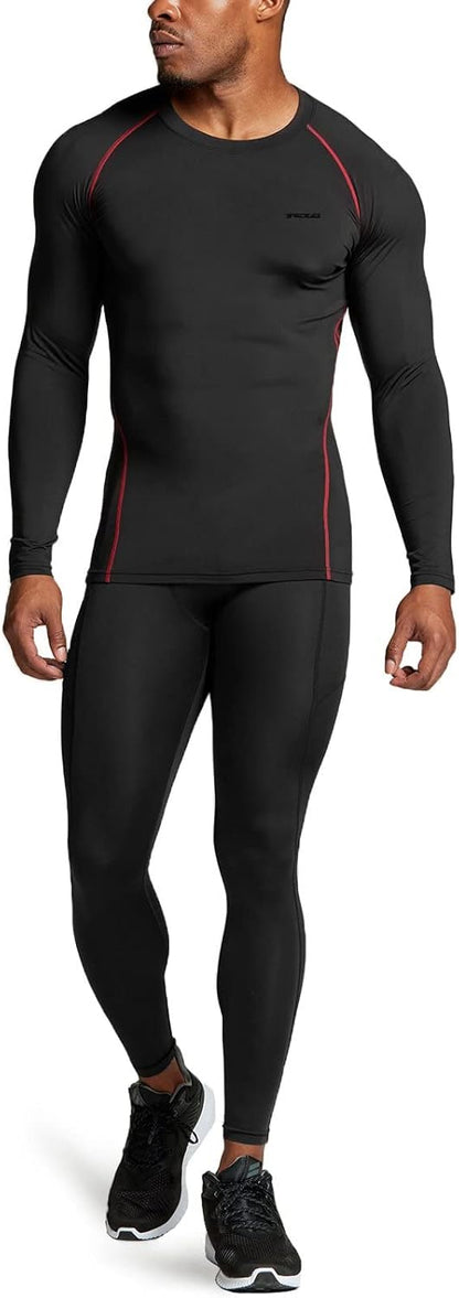 Schwarzes Herren-Kompressionsset, langärmelig, Sportbekleidung, Fitness, atmungsaktiv.