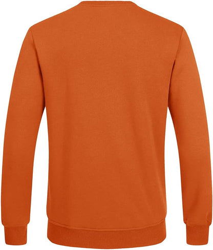 Orangefarbener Herrenpullover, langärmelig, Baumwolle, Rückansicht, modisch, bequem.
