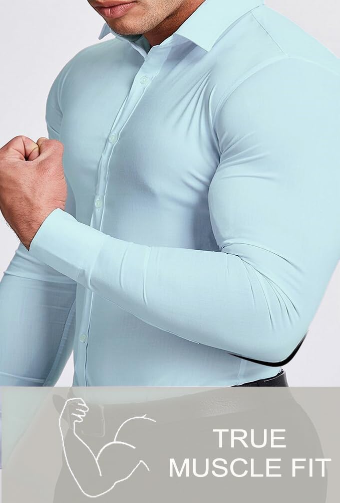 Muskelshirt Herren, hellblau, enganliegend, Langarm, True Muscle Fit, Fitnessmode.