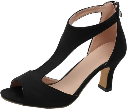 Schwarze Damen-Sandaletten mit Absatz, offener Zehenbereich, elegantes Design, Wildlederoptik.