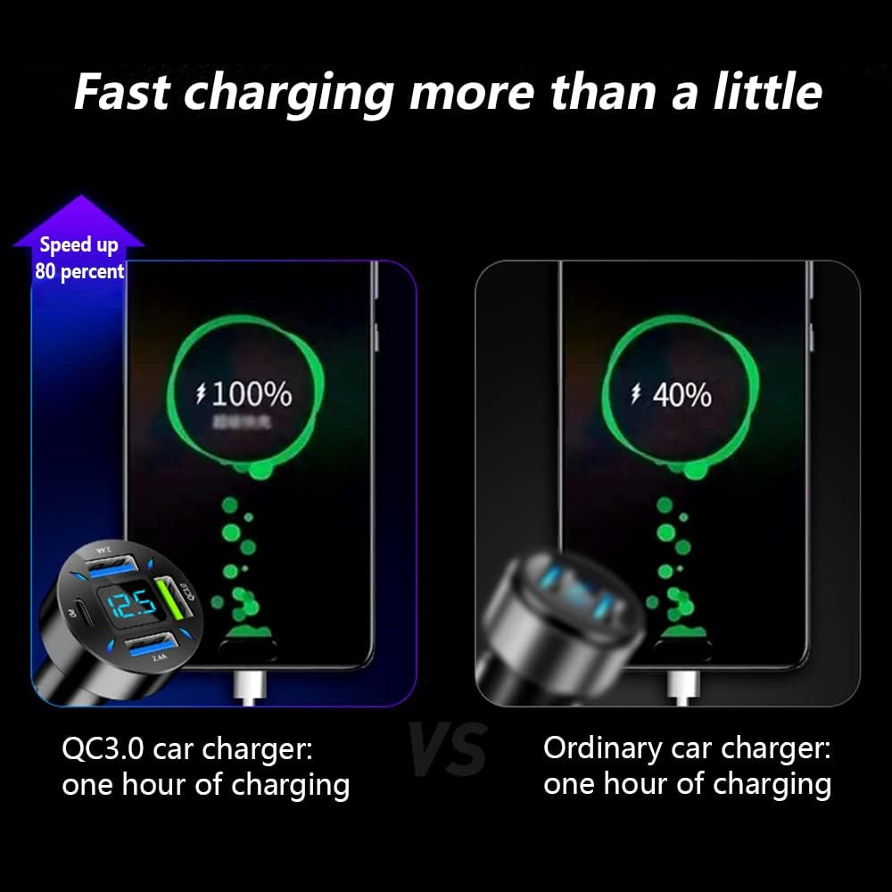 Schnellladegerät Auto, QC3.0, USB, LED-Anzeige, Schwarz, 12V, Handy-Ladegerät, effizient.