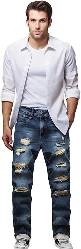 Mann in zerrissener blauer Jeans und weißem Hemd, lässige Mode, Herrenbekleidung.