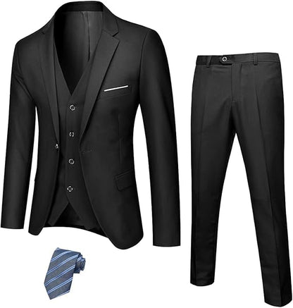 Schwarzer Herrenanzug mit Weste und blauer Krawatte, elegantes Business-Outfit.