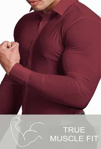 Bordeauxfarbenes Muskelshirt für Herren, enganliegend, Langarm, Fitnessmode.