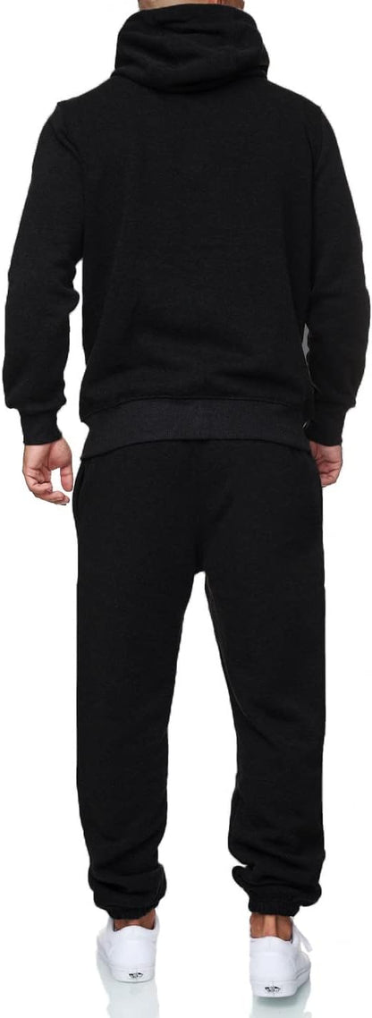 Schwarzer Herren-Trainingsanzug, Kapuzenpullover und Jogginghose, sportlich, bequem.