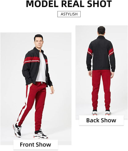 Männer Trainingsanzug, schwarz-rot, Jacke und Hose, sportlich, bequem, Freizeitmode.