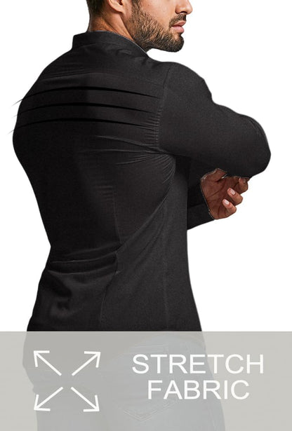 Schwarzes Herrenhemd, Stretchstoff, langärmelig, modern, figurbetont, elegant.