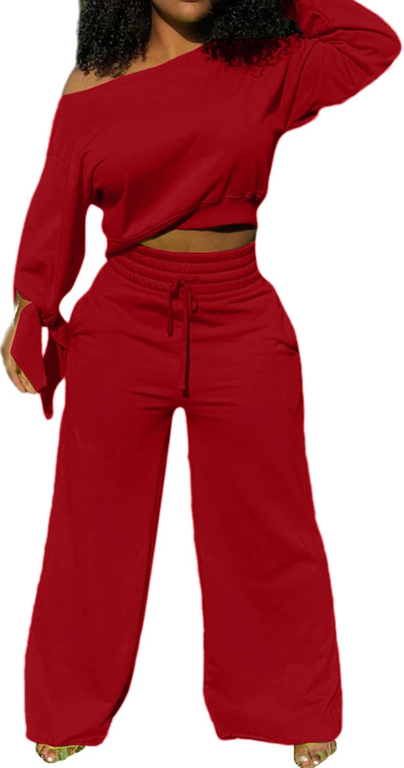 Roter Damen-Zweiteiler, schulterfreies Oberteil, weite Hose, Freizeitmode, Baumwolle.