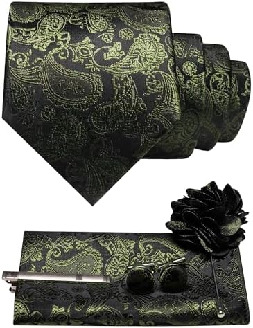 Mörkgrönt och svart paisleyslips med bröstnäsduk, manschettknappar, slipsklämma och blomformad kavajnål. 24