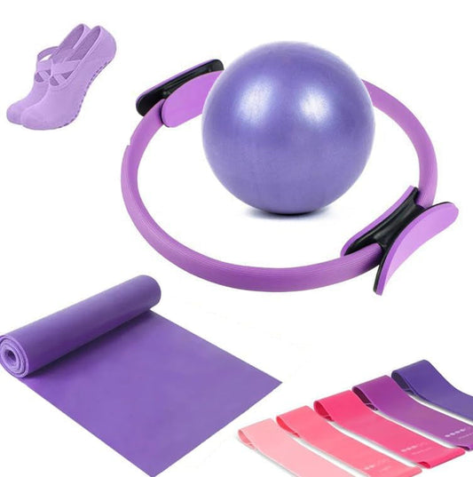 9-delars Pilatesset för hemmabruk med ring, boll, motståndsband och halkfria strumpor