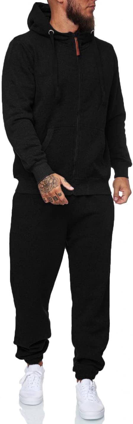 Schwarzer Herren-Trainingsanzug mit Kapuze, Reißverschluss und Taschen, sportlich, bequem.