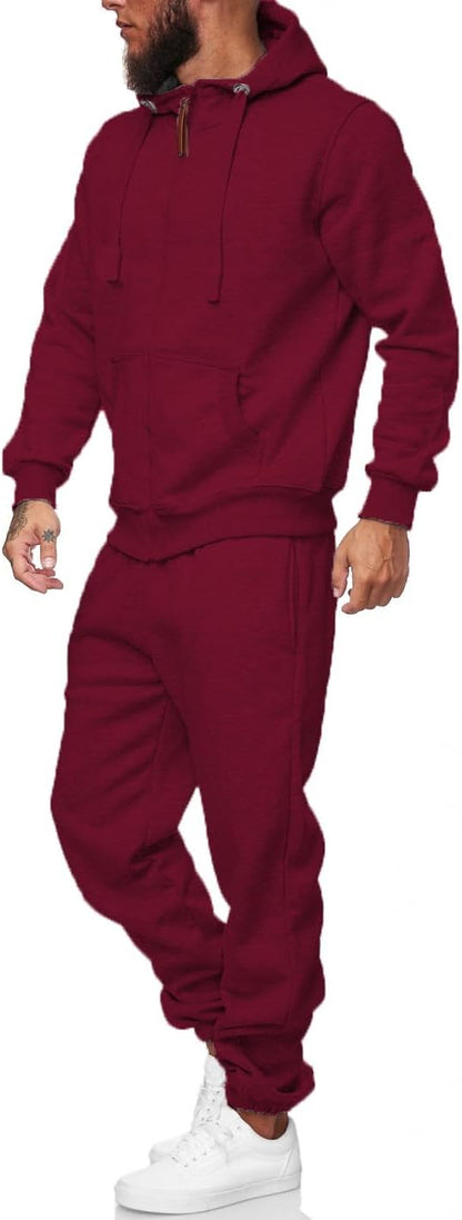Bordeauxroter Herren-Trainingsanzug, Kapuzenpullover und Jogginghose, sportlich, bequem.