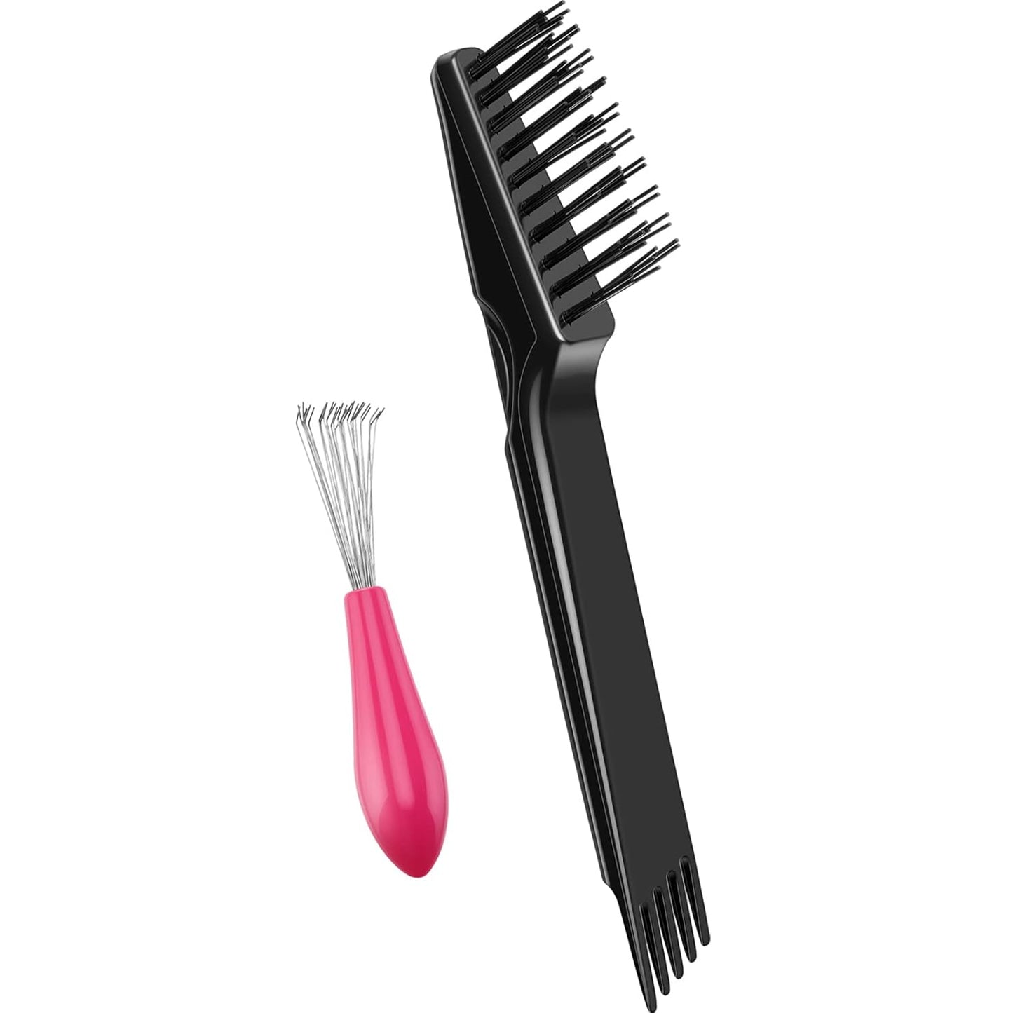 Schwarze Haarbürste mit rotem Reinigungswerkzeug, Kunststoff, für Haarpflege und Styling.