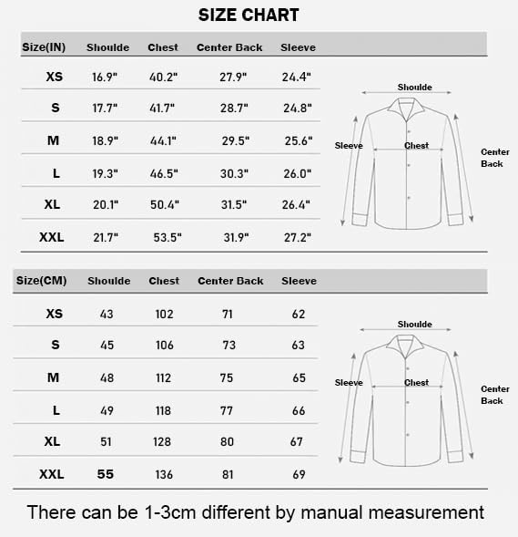 Größentabelle für Hemden, Maße in Zoll und Zentimeter, XS bis XXL, Schulter, Brust, Rücken, Ärmel.