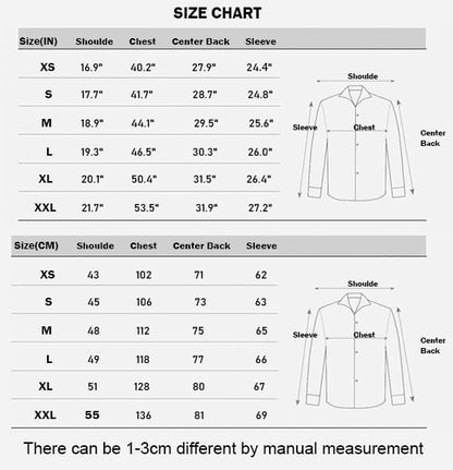 Größentabelle für Hemden, Maße in Zoll und Zentimeter, XS bis XXL, Schulter, Brust, Rücken, Ärmel.