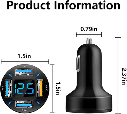 Schwarzes USB-Autoladegerät mit vier Anschlüssen und LED-Anzeige, kompakt, effizient.