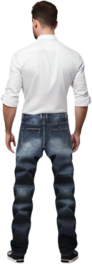 Mann in weißem Hemd und blauen Jeans, Rückansicht, modische Herrenbekleidung.