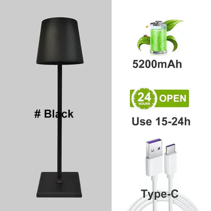 Schwarze LED-Tischlampe, 5200mAh, USB-C, Aluminium, wiederaufladbar, für Wohnzimmer, Lesen.