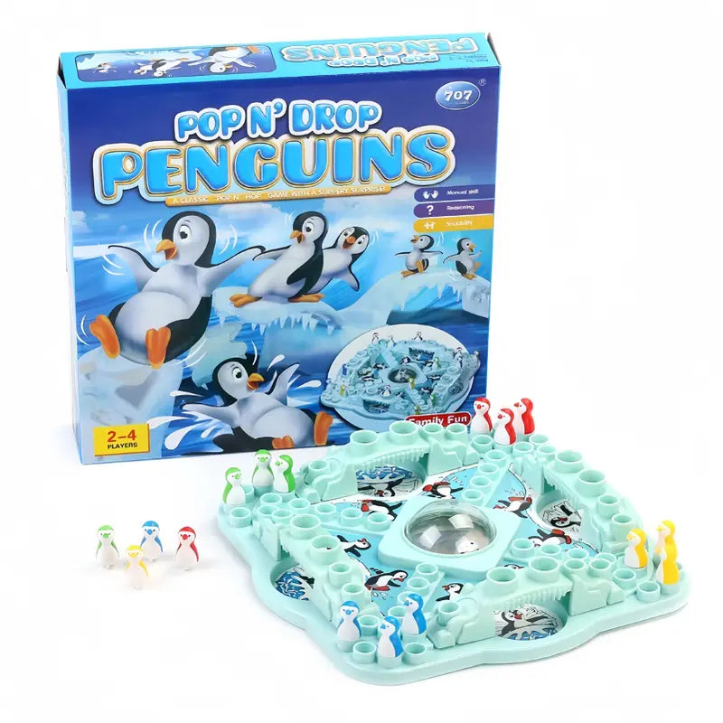 Brettspiel "Pop N' Drop Penguins", Pinguin-Thema, für 2-4 Spieler, Familienspiel, bunt.