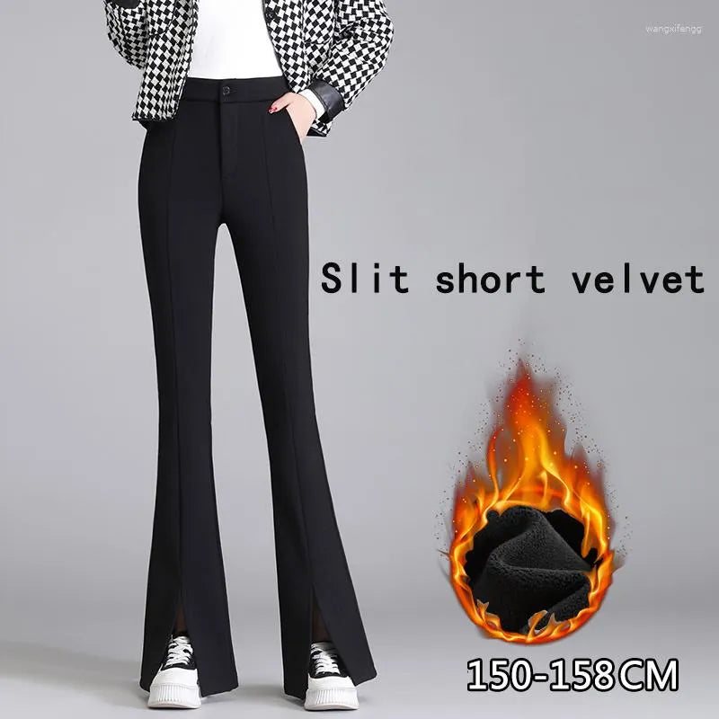 Schwarze Samthosen mit Schlitz, Damenmode, elegant, warm, 150-158 cm, Winterkleidung.