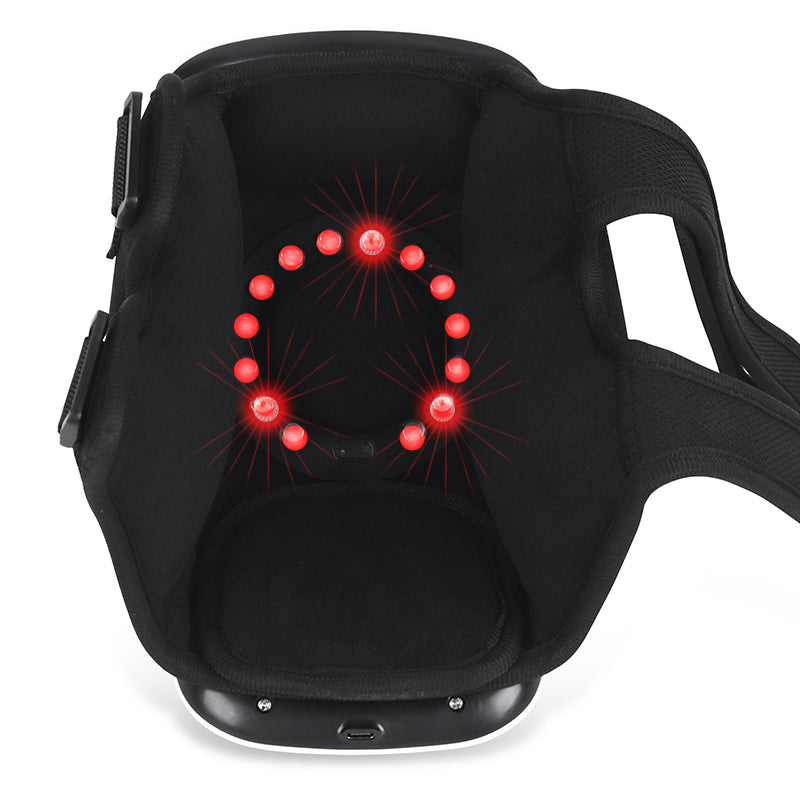 Schwarzes Nackenmassagegerät mit roten LED-Lichtern, ergonomisch, tragbar, Entspannung.