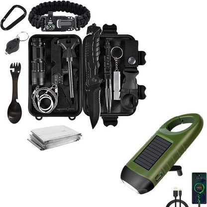 Survival-Kit mit Messer, Taschenlampe, Kompass, Paracord-Armband, grünem Solarladegerät.
