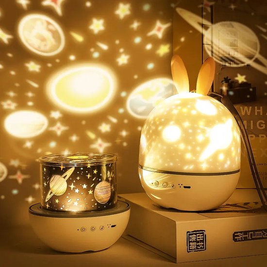 Projektorlampe mit Sternenhimmel, Nachtlicht, LED, Kinderzimmer, dekorativ, warmes Licht, weiß.