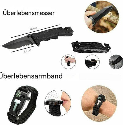 Schwarzes Überlebensmesser und Armband mit Kompass, multifunktional, Outdoor-Ausrüstung.