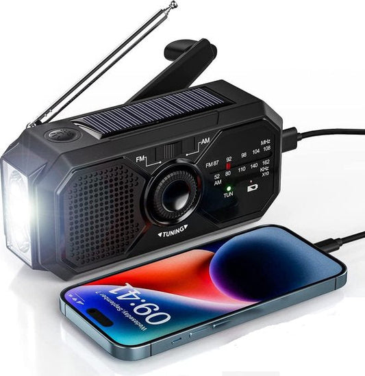Tragbares Notfallradio mit Solarpanel, Kurbel, LED-Taschenlampe, USB-Ladegerät, schwarz.