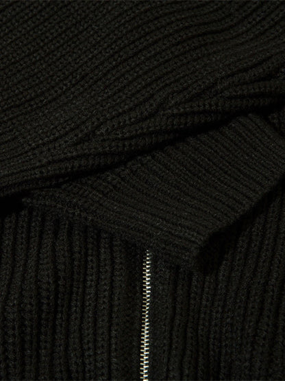 Schwarzer Strickpullover mit Reißverschluss, grobe Wolle, modisch, warm, Herrenbekleidung.